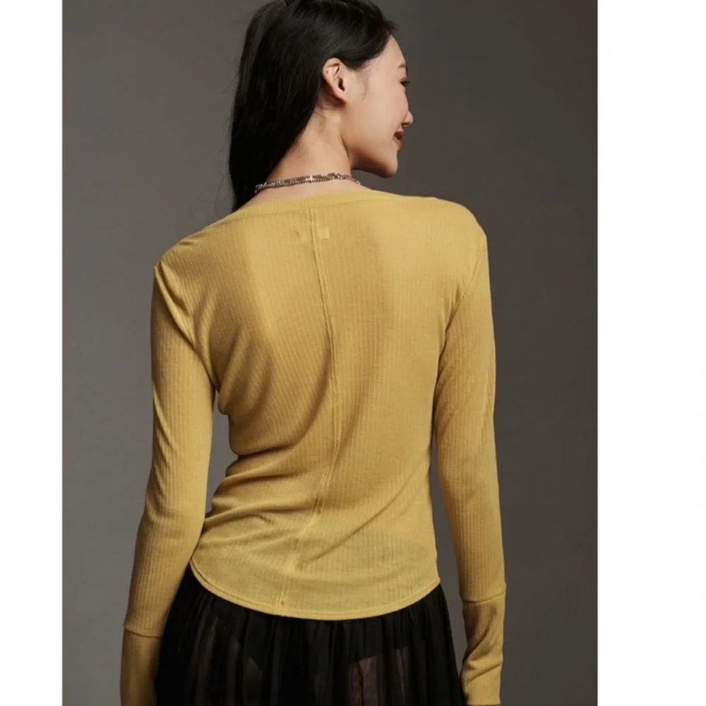 ANTHROPOLOGIE PILCRO ANDIE RIBBED TISSUE HENLEY TOP YELLOW SIZE L NWT